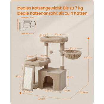 Beiger Kratzbaum mit Höhle, Rampe, Hängematte, Sisalstämmen und hängendem Ball; Text: 'Bis zu 7 kg' und 'Bis zu 4 Katzen'