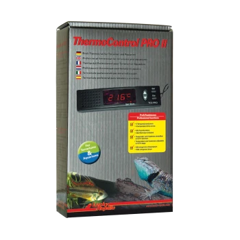 ThermoControl PRO II Thermostat für Terrarien und Aquarien, zeigt eine Temperatur von 21,6°C an, mit Produktdetails und aufgelisteten Funktionen.