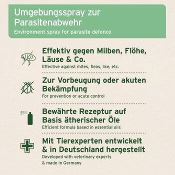 Grünes Poster für Umweltspray gegen Parasiten — wirksam gegen Milben, Flöhe, Läuse; Öl-Formel; Hergestellt in Deutschland.