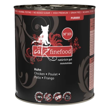 Dose "catz finefood" Katzenfutter mit Huhn, schwarzem und rotem Design, getreidefrei und ohne Zuckerzusatz.