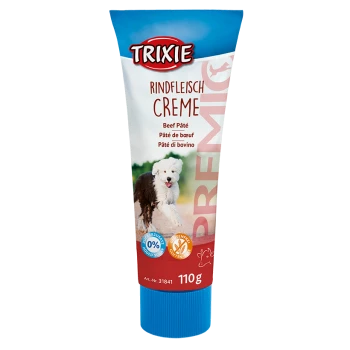 Trixie Rindfleisch-Pâté Tube für Hunde, 110g, mit einem verspielten Hund auf dem Etikett, mit Text in Deutsch, Französisch und Italienisch.