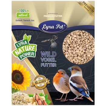 Lyra Pet Wild Vogel Futterverpackung mit zwei bunten Vögeln, einer Sonnenblume und Körnern, beschriftet mit "100% natürlich" und "Premium Futter."
