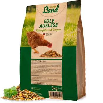 Ein 5 kg Sack Hühnerfutter, gekennzeichnet mit "Hühner Land Edle Auslese" mit Oregano, mit einem Huhn, das auf der Vorderseite am Futter pickt.