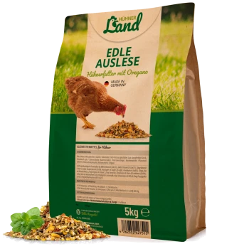 Ein 5 kg Sack Hühnerfutter, gekennzeichnet mit "Hühner Land Edle Auslese" mit Oregano, mit einem Huhn, das auf der Vorderseite am Futter pickt.