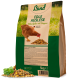 Ein 5 kg Sack Hühnerfutter, gekennzeichnet mit "Hühner Land Edle Auslese" mit Oregano, mit einem Huhn, das auf der Vorderseite am Futter pickt.