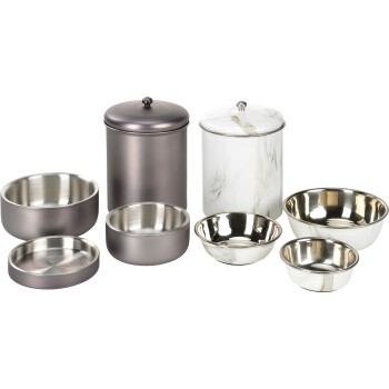 A collection of pet food bowls and storage containers in various sizes, featuring metallic and marble designs.