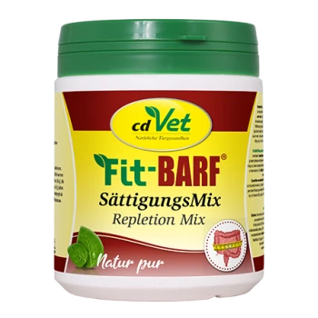 Behälter des cdVet Fit-BARF SättigungsMix Haustierergänzungsmittels mit natürlichem Zutatenetikett.