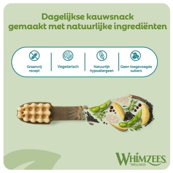 Whimzees kauwsnack met erwten en aardappel; Nederlandse tekst 'Dagelijkse kauwsnack gemaakt met natuurlijke ingrediënten'