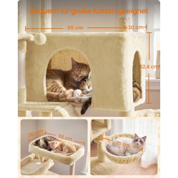 Beiger Plüsch-Kratzbaum mit zwei schlafenden Katzen in einer Höhle, Maßangaben und deutscher Text 'Bequem für große Katzen geeignet'.