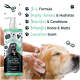 Eine Person wäscht einen Golden Retriever mit Bugalugs Tangle Tame Shampoo, das eine grüne Flasche und Text zu seinen Vorteilen zeigt.