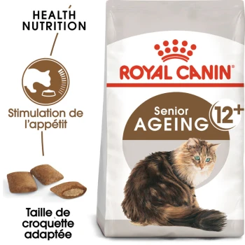 Sac de nourriture pour chat Royal Canin Senior Ageing 12+ avec une illustration d'un chat senior duveteux, avec du texte sur la nutrition santé et la stimulation de l'appétit.