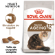 Sac de nourriture pour chat Royal Canin Senior Ageing 12+ avec une illustration d'un chat senior duveteux, avec du texte sur la nutrition santé et la stimulation de l'appétit.