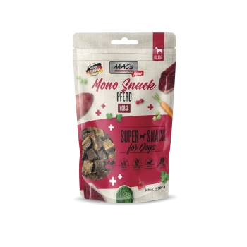 Friandises pour chien MAC's Mono Snack Horse, sans céréales, soin des allergies, oméga 3+6, 100g, fabriquées en Allemagne.
