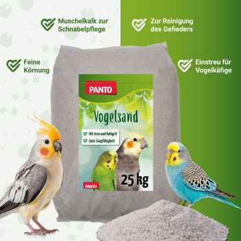 Ein 25 kg Sack Panto Vogelsand, einem feinen weißen Vogelsand mit Kalk und Anisöl, mit bunten Vögeln auf dem Etikett.