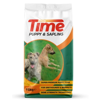 15kg bag of "Time Puppy & Sapling" puppy food, featuring playful greyhounds and highlighting bone strength for greyhounds and whippets.