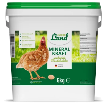 Ein 5 kg Behälter von "Mineral Kraft" von Hühner Land, mit einem braunen Huhn und einem Ei auf der Vorderseite, mit Text, der die Vorteile für Hühner beschreibt.