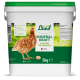 Ein 5 kg Behälter von "Mineral Kraft" von Hühner Land, mit einem braunen Huhn und einem Ei auf der Vorderseite, mit Text, der die Vorteile für Hühner beschreibt.