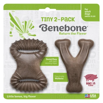 Tiny 2-pack of Benebone dog chews, featuring a dental chew with cleaning ridges and an easy-to-grip wishbone, both in bacon flavor.