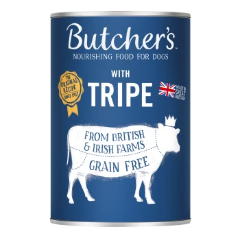 Puszka karmy dla psów rzeźnika z napisem "z tripe," niebieską etykietą, ilustracją krowy i tekstem mówiącym "Bez zbóż" oraz "Z brytyjskich i irlandzkich farm."