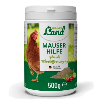 Behälter mit "Hühner Land Mauser Hilfe" für Hühner, 500g, mit einem Hühnerbild und Text, der eine optimale Nährstoffversorgung anzeigt, hergestellt in Deutschland.