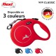 Laisse rétractable pour chien rouge flexi avec un logo argenté, disponible en trois couleurs, avec un badge de qualité indiquant "Fabriqué en Allemagne."