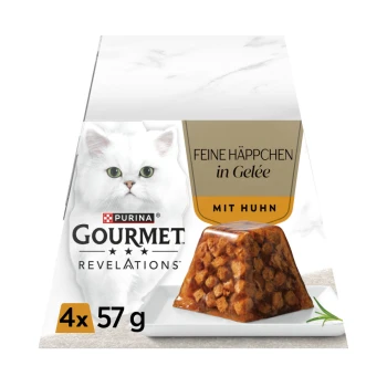Purina Gourmet Katzenfutterpackung mit weißer Katze und Huhn in Gelee; sichtbarer Text: 'Feine Häppchen in Gelee', 'Mit Huhn', '4x 57 g'.