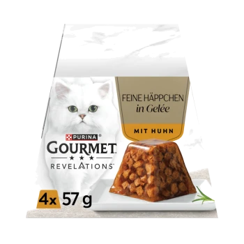 Purina Gourmet Katzenfutterpackung mit weißer Katze und Huhn in Gelee; sichtbarer Text: 'Feine Häppchen in Gelee', 'Mit Huhn', '4x 57 g'.