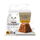 Purina Gourmet Katzenfutterpackung mit weißer Katze und Huhn in Gelee; sichtbarer Text: 'Feine Häppchen in Gelee', 'Mit Huhn', '4x 57 g'.