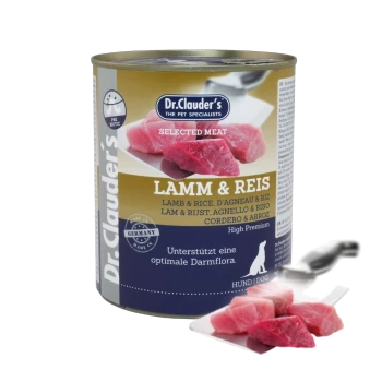 Dose Haustierfutter 'Dr. Clauder's Lamm & Reis' mit Lamm und Reis, beschriftet mit 'High Premium' und 'Unterstützt optimale Darmflora.'