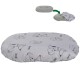 Rundes graues Tierbett mit Cartoon-Hund und Knochenmotiven, mit abnehmbarem, waschbarem Bezug, im Einsatzbild gezeigt.