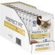 Verpakking van Perfect Fit kattenvoer, met een kat met blauwe ogen, gelabeld 'gevoelig 1+' met kip, 12 zakjes van 85g elk.