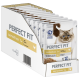 Verpackung von Perfect Fit Katzenfutter, mit einer blauäugigen Katze, beschriftet mit "sensitive 1+" mit Huhn, 12 Beuteln à 85 g.