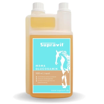 Flasche Supravit MSM & Glucosamin flüssiges Gelenkergänzungsmittel, 1000 ml, mit Pferdeillustration und deutschem Text.