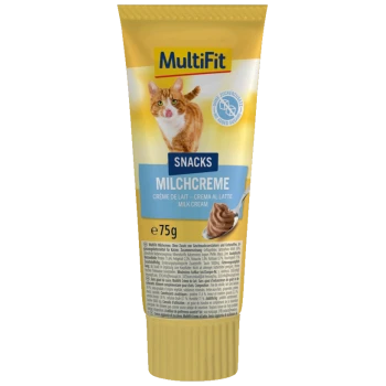 MultiFit Snacks Milk Cream kattensnoepjes tube, 75g, zonder toegevoegde suikers, met afbeelding van een oranje-witte kat die zijn lippen likt.