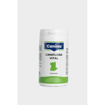 Weiße Canina Caniflora Vital Supplementflasche für Katzen mit grüner Katzensilhouette; Etikett zeigt „Canina“, „Caniflora Vital“, „Für Katzen“.