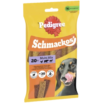 Pedigree Schmackos Multi Mix Hundesnacks, 20 Stück, natürliche Zutaten, unter 30 kcal, Omega 6 und Vitamin E, mit einem Hund, der sich die Lippen leckt.