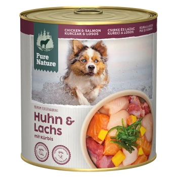Nourriture en conserve pour animaux étiquetée "Huhn & Lachs mit Kürbis" mettant en avant du poulet et du saumon, avec des ingrédients visibles comprenant de la viande et des légumes.