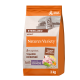 Sac de nourriture pour chat adulte stérilisé Nature's Variety avec viande de dinde désossée, sans céréales, 3 kg, avec image de chat et avantages clés.