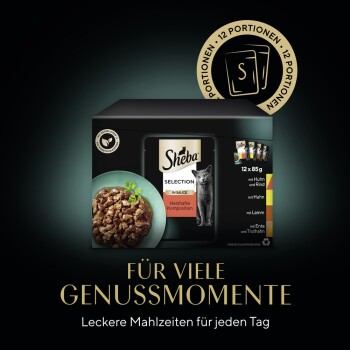 Sheba Selection Katzenfutterpackung mit 12 Portionen à 85 g, mit Geschmacksrichtungen wie Huhn, Rind, Lamm, Ente und Truthahn.