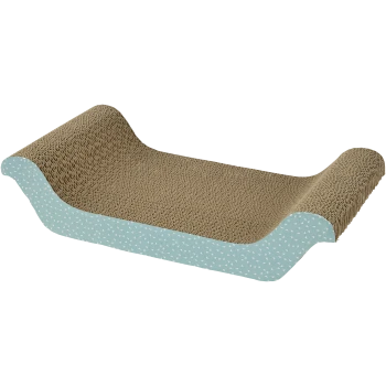 Un grattoir pour chat élégant avec un design en vague, présentant une surface de grattage texturée marron et une base bleu clair avec des motifs triangulaires blancs.