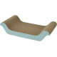 A stylish cat scratcher with a wave design, featuring a textured brown scratching surface and a light blue base with white triangular patterns.
