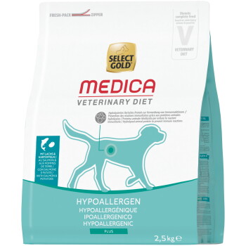 Select Gold Medica Veterinary Diet Beutel, hypoallergenes Katzenfutter (2,5 kg), türkisfarbene Katzensilhouette, Lachs und Kartoffeln.