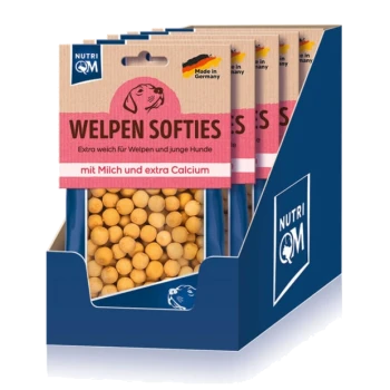 Nutri QM 'Welpen Softies' Welpenleckerlis – Beutel mit gelben, runden Häppchen, beschriftet mit 'mit Milch und extra Calcium' und 'Made in Germany'.