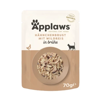 Applaws natürliche Katzenfutterpackung mit zerrissenem Hähnchenbrustfilet mit Wildreis in Brühe, 70g, gekennzeichnet als 100% natürliche Zutaten.