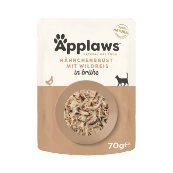 Applaws natürliche Katzenfutterpackung mit zerrissenem Hähnchenbrustfilet mit Wildreis in Brühe, 70g, gekennzeichnet als 100% natürliche Zutaten.