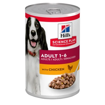Nourriture pour chien en conserve de Hill's Science Plan, étiquetée "Adulte 1-6" avec du poulet, présentant un chien sur le devant et une suggestion de portion.