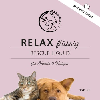 Etikett für 'Relax Flüssig Rescue Liquid' für Hunde und Katzen, mit einer Katze und einem Hund, mit einem Volumen von 250 ml.