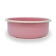 Rosa Keramik-Haustierschüssel mit einem weißen Rand, mit einer glatten Oberfläche und einer abgerundeten Form.