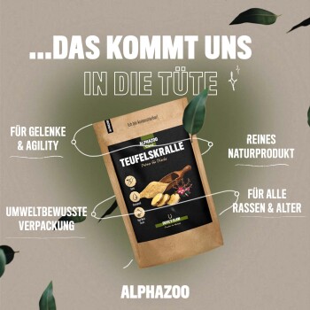 Verpackung von "Teufelskralle"-Pulver für Pferde von Alphazoo, das Vorteile für Gelenke, Beweglichkeit und Eignung für alle Rassen und Altersgruppen hervorhebt.