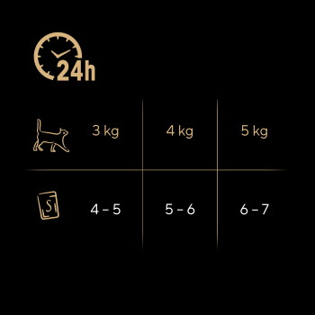 Katzenfütterungsanleitung: 24‑h‑Symbol, Tabelle mit Katzensilhouette und Spalten 3 kg / 4 kg / 5 kg, die Tagesportionen 4–5, 5–6, 6–7 anzeigen.